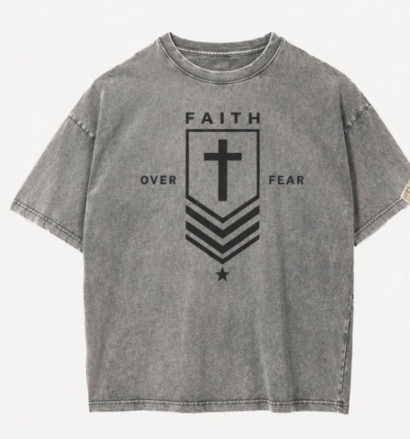 Men’s Adult Grey Vintage Christian MilitaryShirt-Faith Over Fear